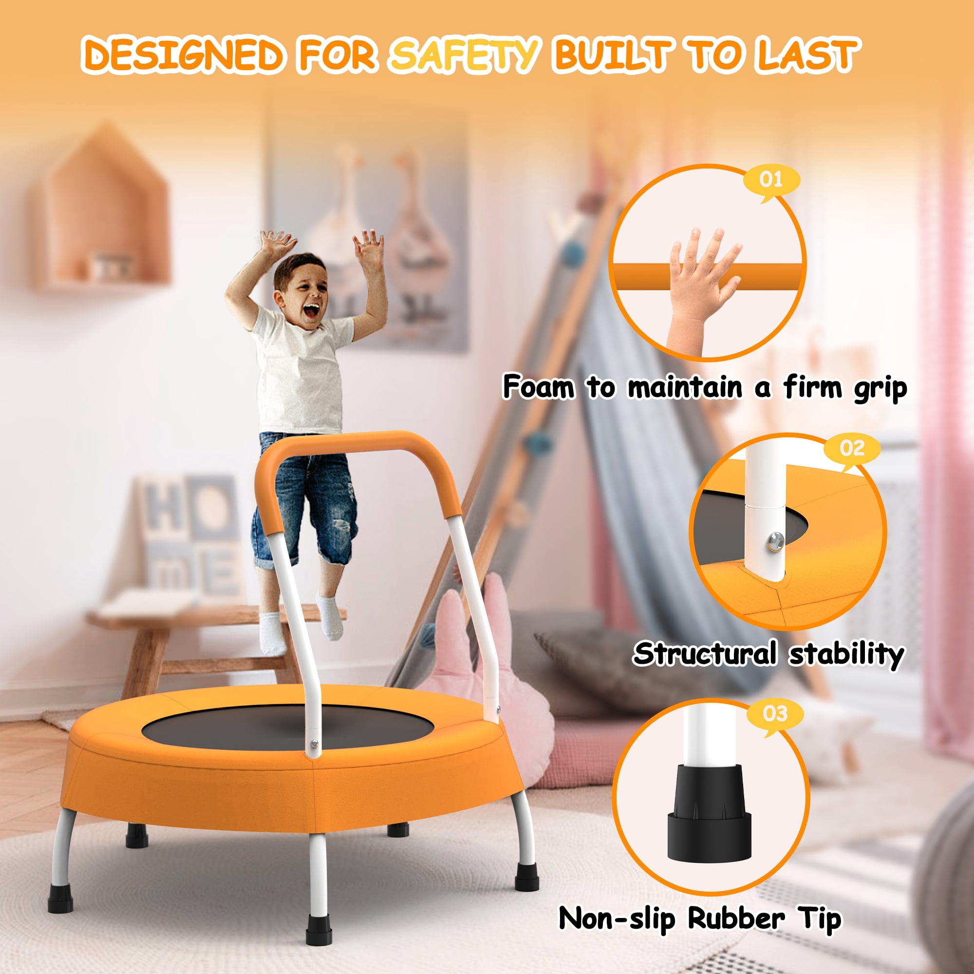 Leumius 28inch Mini Trampoline with Handle for Kids,Indoor Outdoor Small Rebounder Trampoline for Boys and Girls,Orange
