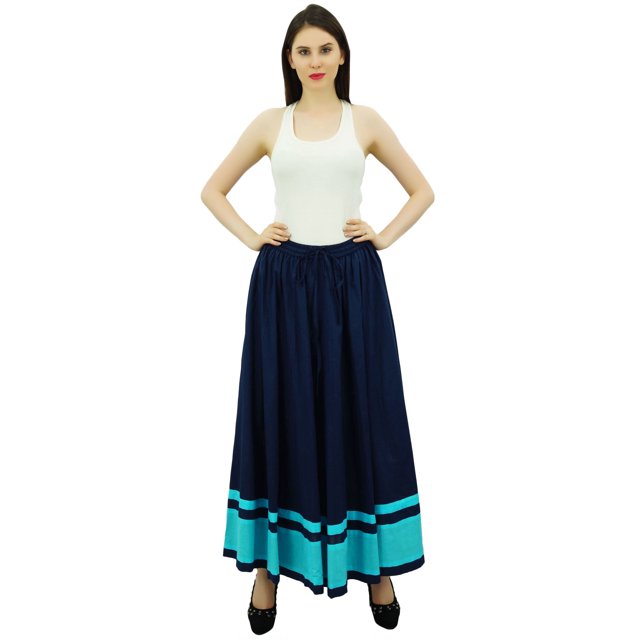 Bimba Jupe Longue Maxi pour Femmes avec Bordure Contrastée Jupe Boho avec Taille Élastique
