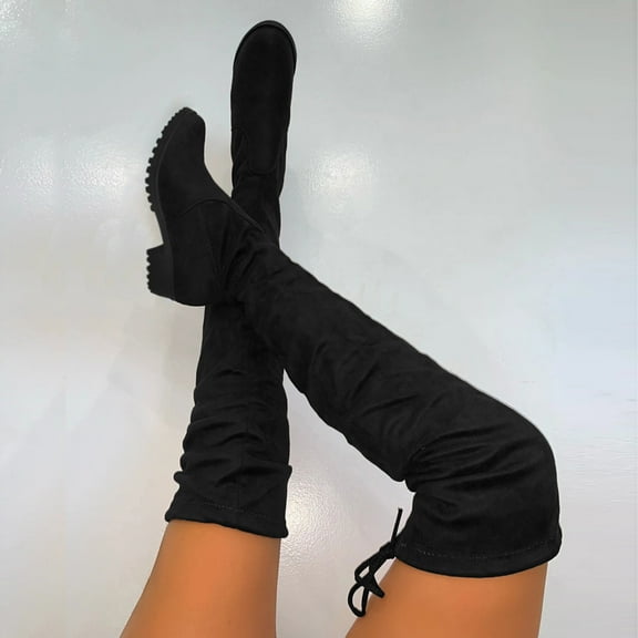 Akiihool Women's Boots Womens Suede Knee High Side Zipper Heel Women Suede Heel (Black,9)