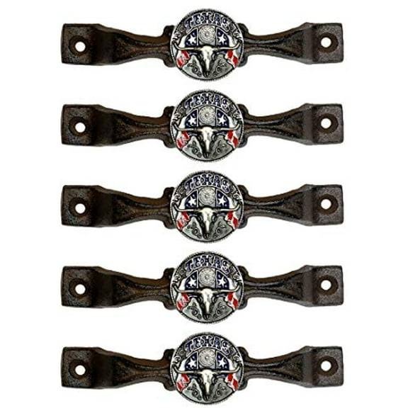 Urbalabs Cast Iron Concho The State of Texas Kitchen Cabinet Handles and Drawer Pulls Longhorn Country Home Rustic Decor Farmhouse Cabinet Handle Western Star Cabinet Knobs (5, Texas Longhorn Silver)