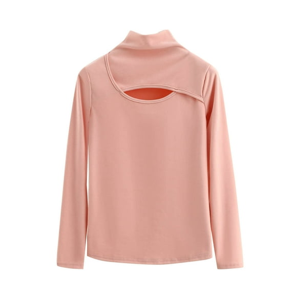 ZyeKqe Pajamas Tops for Women Ruffle Trim High Neck Long Sleeve Shirts Cut out Front Loose Fitted Tee Shirt Tops Loungewear