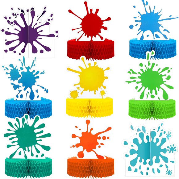 9 Pcs Paint Splatter Honeycomb Centerpieces Colorful Art Slime Decoration 3D Painting Table Toppers for Art Paint Birthday Party Table Decorations