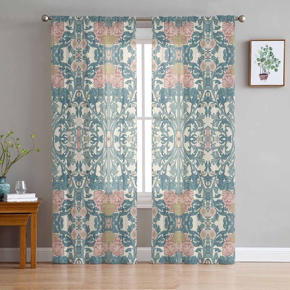 Teal Pink Sheer Curtains 96 Inch Length 2 Panels Set for Living Room/Bedroom, Vintage Floral Watercolor Boho Ethnic Semi Curtain Sheers Drapes Rod Pocket Curtains Window Treatment Set 52''x96''x2