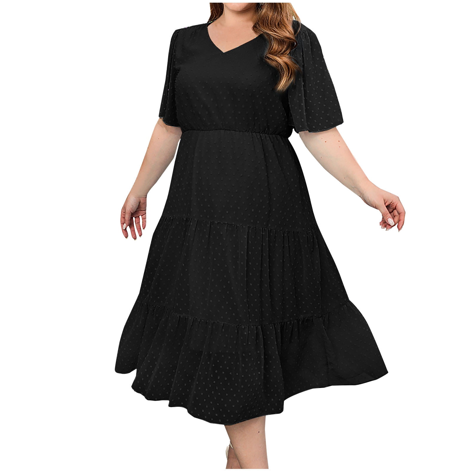 Voncos Dresses for Women- Crew Neck Loose Plus Size Relaxed Fit Elegant  Comfy Lacing up Mother's Day Gift Short Sleeve Solid Mid Dress Black 12 -  Walmart.com