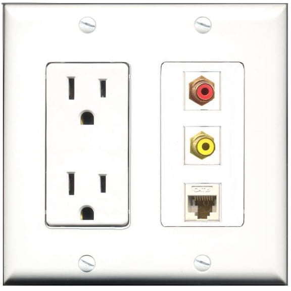 RiteAV - 15 Amp Power Outlet 1 Port RCA Red 1 Port RCA Yellow 1 Port Cat6 Ethernet Ethernet White Decorative Wall Plate