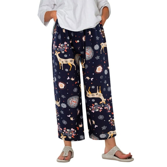 Fsqjgq Womens Lightweight Loose Trousers Womens Capris with Pockets Women's Pajama Pants Comfy Printed Wide Leg Lounge Pants Bow Elastic Waist Long Pj Bottoms Silver One Size