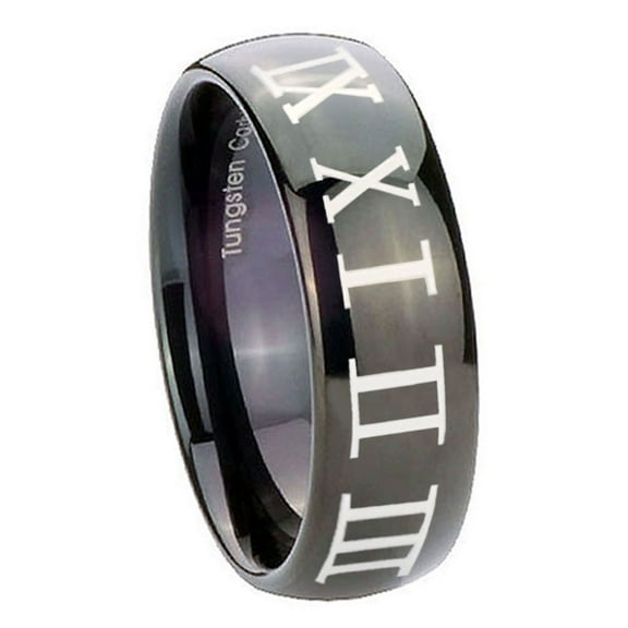 Tungsten Roman Numeral 8mm Glossy Black Polished Dome Men Ring