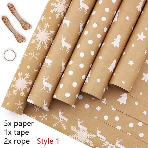 Tutuviw Wrapping Paper Set, 5 Sheets Kraft Brown Recycled Gift Wrapping Paper with Tape and Rope for Birthday, Wedding, Valentine's Day, Baby Showe, Winter Solstice, 17x39in per sheet