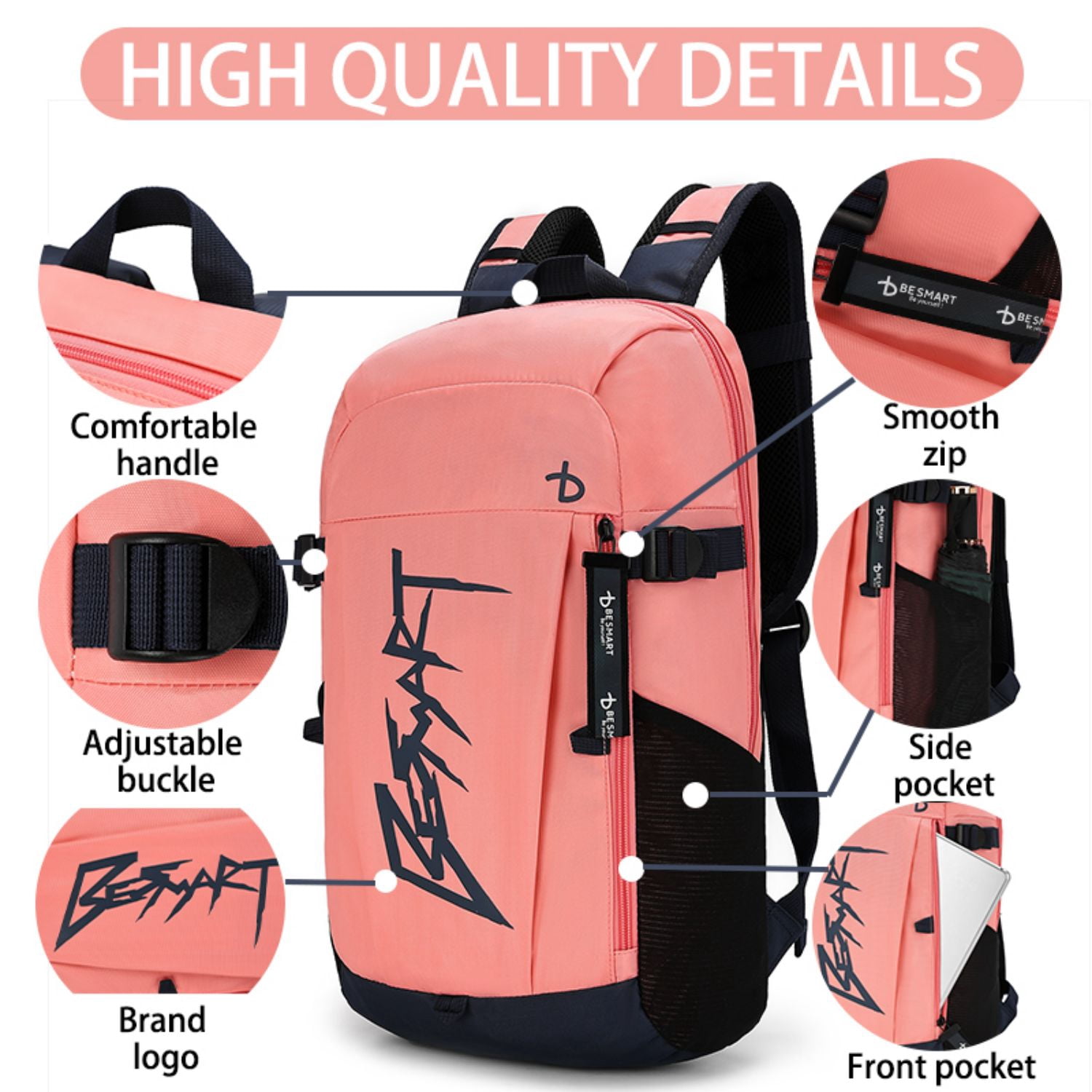 BE SMART Waterproof Work Backpack for Woman/Ladies, Lightweight Business Laptop Backpack Fits 15.6 Inch Computer, Durable Casual Daypack College Bag for Travel/Sport Gym/Fitness/Hiking/Outdoor, Pink