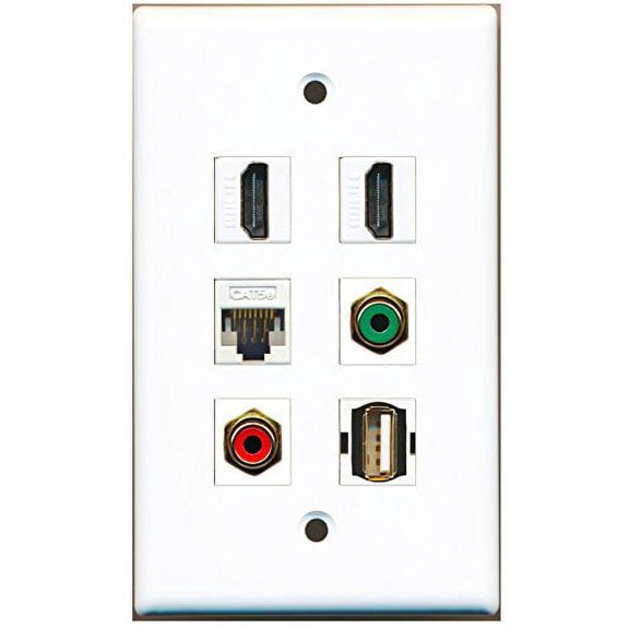 RiteAV - 2 HDMI 1 Port RCA Red 1 Port RCA Green 1 Port USB A-A 1 Port Cat5e Ethernet White Wall Plate