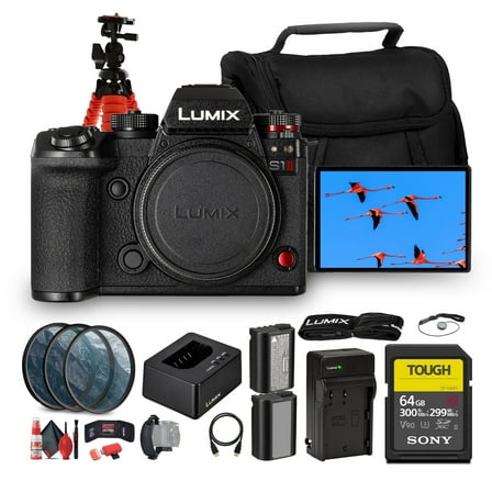 Panasonic LUMIX S1 II Mirrorless Camera | 24.2MP Full-Frame BSI Sensor, 6K Video, Dual I.S. 2, Phase Hybrid AF, 30fps Burst, L-Mount Body (DC-S1M2SBODY)   64GB Card   Battery   Camera Bag   More