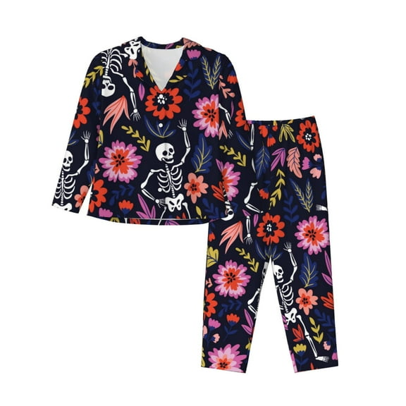 Kll Dancing Skeletons Floral Garden Print Women'S Long Sleeve Pajamas With Pants Sleepwear Loungewear 2 Set-Small