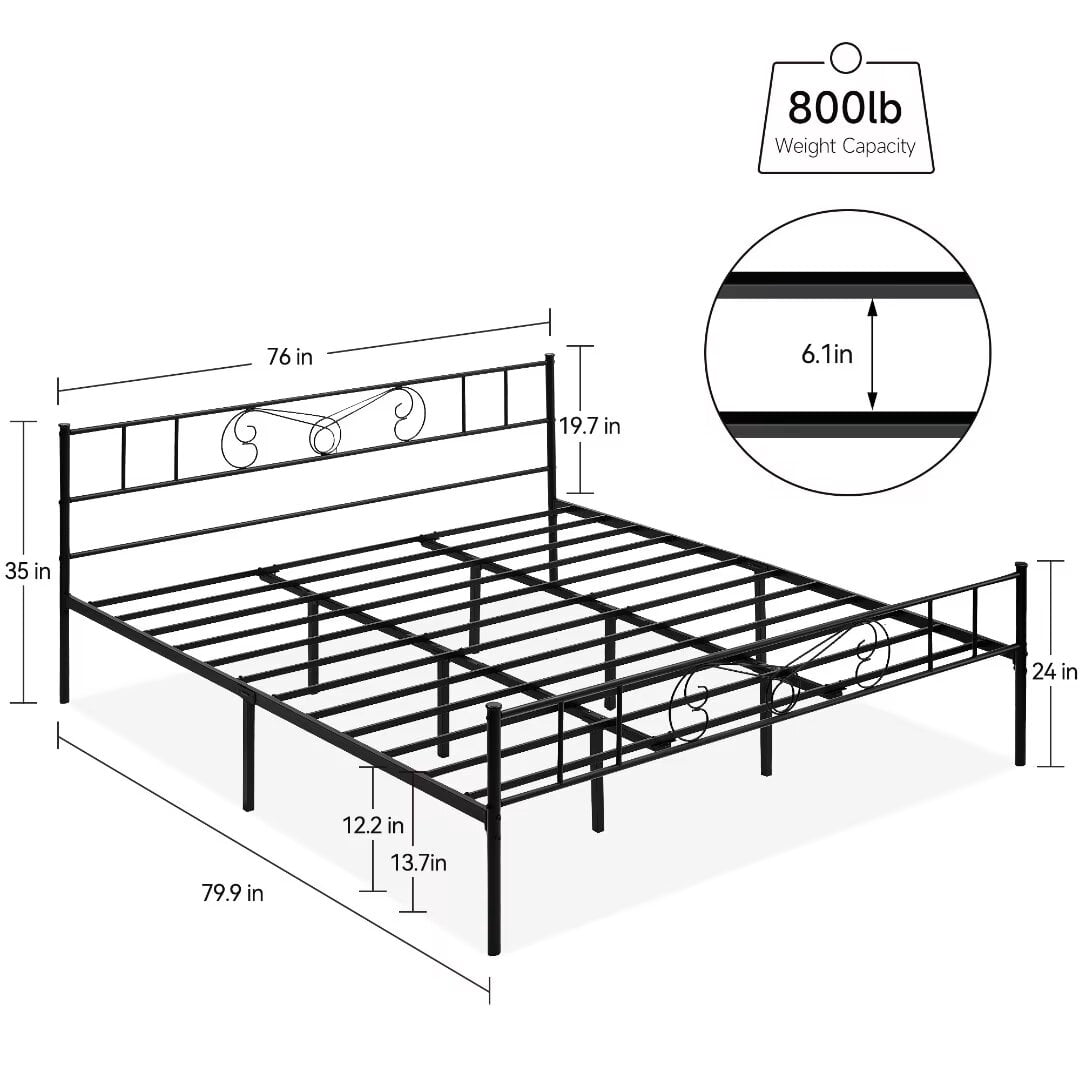 King Size Bed Frame with Vintage Pattern Headboard and Footboard, Metal Platform Bed Frame with Storage, Mattress Foundation, Easy Assembly, Black