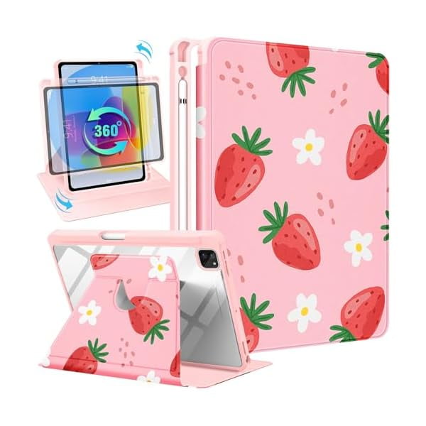 wonim11 for iPad Air 11 inch Case, Air 5th/4th Generation 10.9, Pro 11'' Case Women Girls for Apple Pencil Holder Cute Strawberry Rotating Folio Cover for iPad Air 11 2024 (M2), 10.9 2022 2020, Pro 11