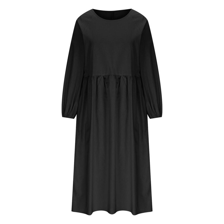 Cavosen Summer Dresses for Women Cotton Linen Black Long Sleeve Long Dresses Fashion Loose A-Line Dresses Plain Cotton Linen Dress Crewneck Dress with Pocket Going Out Clothes L