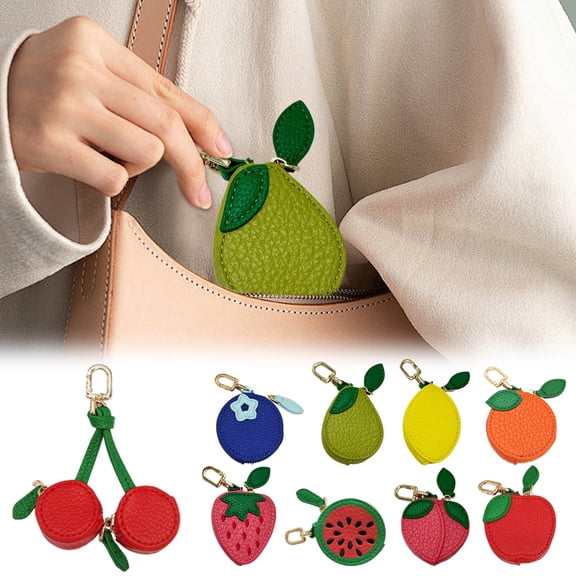 Cute Fruit Pendant Zipper Keychain Purse Wallet with Cherry Orange Blueberry Charms