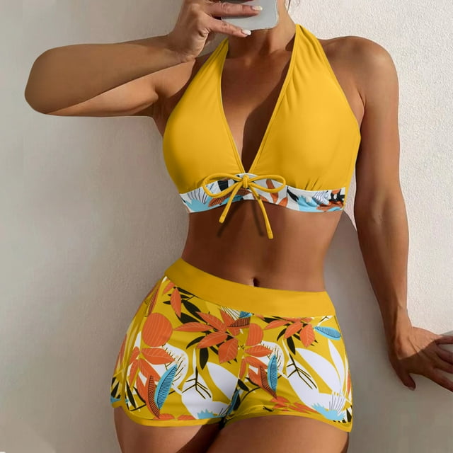 Weiqiqre High Waisted Bikini Sets Women Two Piece Swimsuit Bathing Suits Floral Tropical High Waisted Beachwear Board Shorts Halter Tops