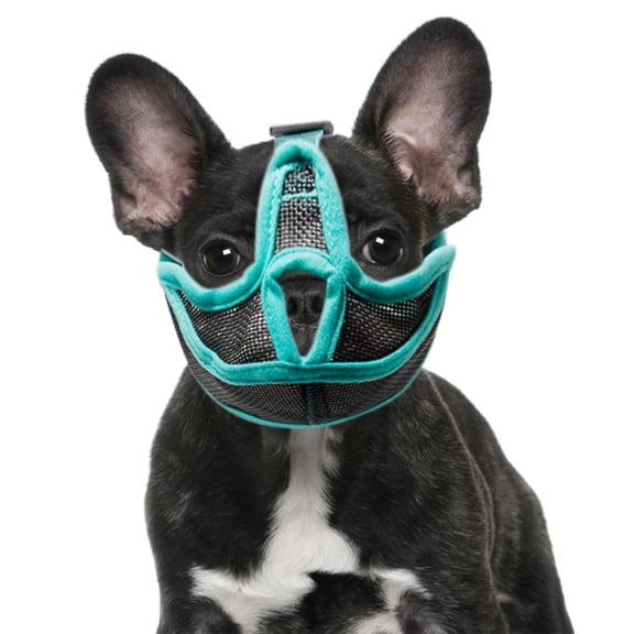Short mouthed dog mask, adjustable breathable bulldog net flat face dog anti bite mask, soft pet supplies, chewing and barking training, neat appearance(ink blue M)