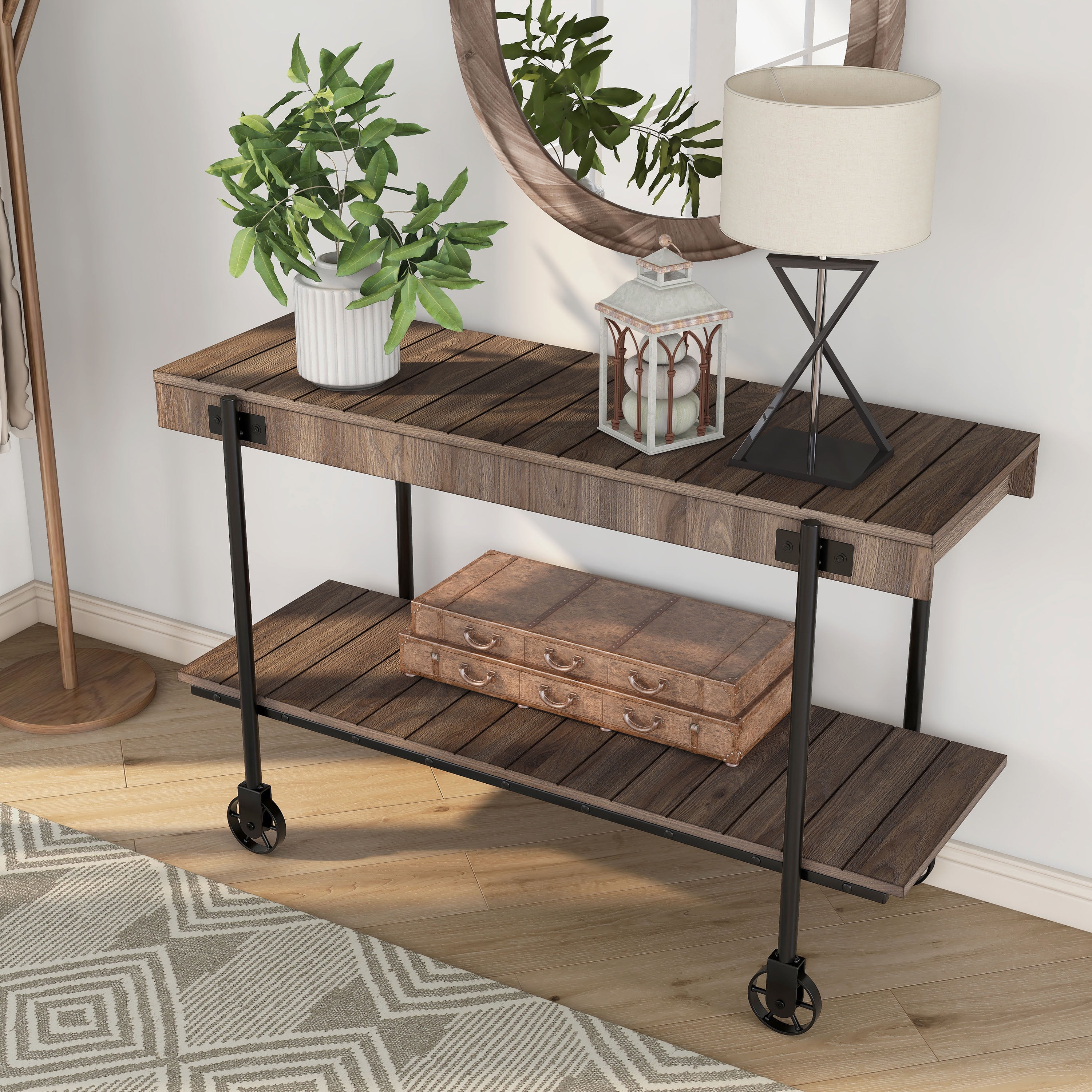 Furniture of America Russe 1-Shelf Wood Dark Walnut Sofa Table with Wheels