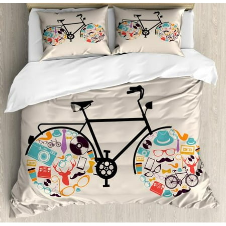 Hipster King Size Duvet Cover Set, Bicycle Vehicle with Wheels Full of Old Fashioned Hipster Icons Urban Subculture, Decorative 3 Piece Bedding Set with 2 Pillow Shams, Multicolor, by