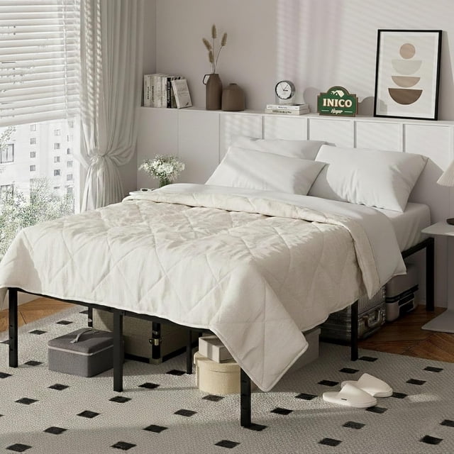 Base Cama Matrimonial Size,Marco de Cama de Plataforma de Metal de 14 Pulgadas, No Necesita Somier, Soporte de Listones de Metal, Base de Cama con Gran Almacenamiento