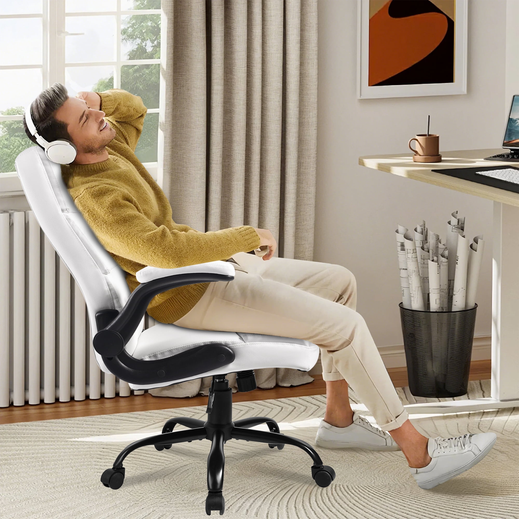 OUTMASTER High Back Leather Executive Office Chair, Ergonomic Desk Chair with Padded Armrests, White