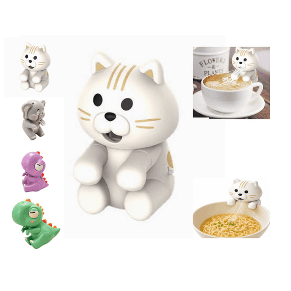 Cooling Clip-On Mini Fan for Cup & Bowl, Cute Animal Food Coffee Chiller, Portable Hanging Mug Fan, Rechargeable Desktop Beverage Cooler for Soup Drinks, Small Fan for Cooling Food(grey cat)