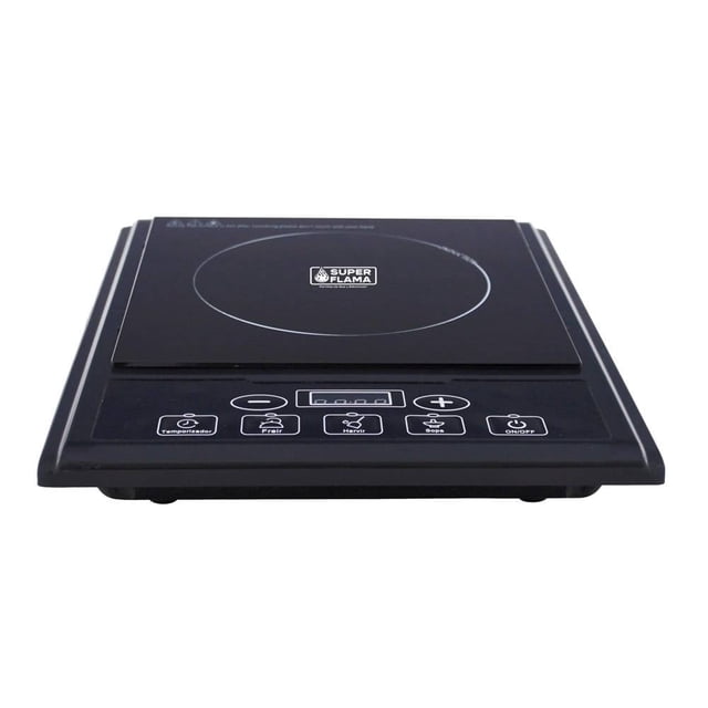 parrilla eléctrica super flama number one de inducción magnética negra, vista frontal baja con placa circular de cocción y logo Super Flama, panel táctil con temporizador, apagado automático y controles +/-; también adecuada como comal eléctrico para calentar tortillas.
