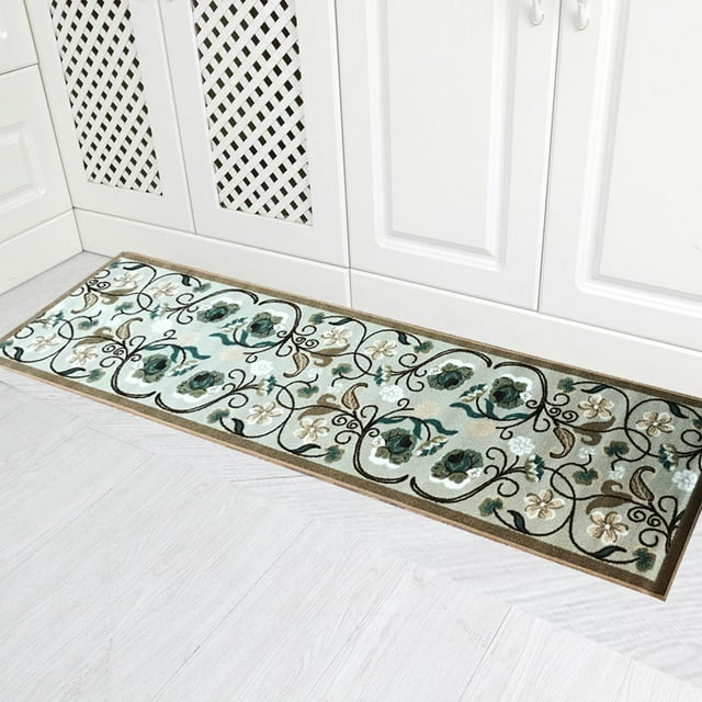 Gloria- Kitchen Rug Non-Skid Runner Kitchen Mat Non-Slip Rug for Kitchen Floor with Rubber Backing Entryway Hallway Floor Mat Low Profile Door Mat (2' x 7') Ivory Floral Design