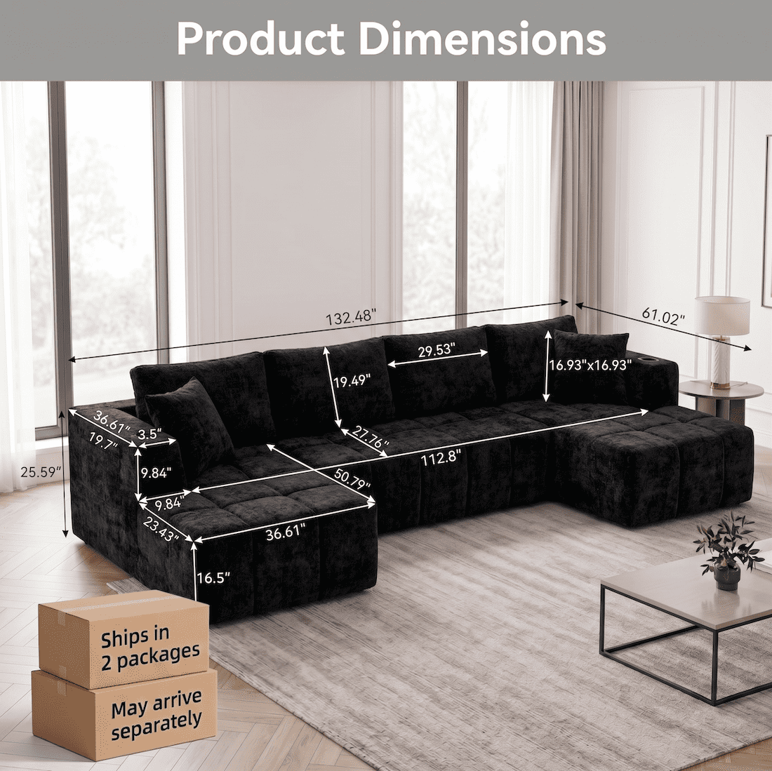 132" Modular Cloud Couch Sectional Sofa, U-Shaped Chenille Sectional with Double Chaise, Cup Holders & Side Pockets, Modern Oversized Sofa for Living Room, No Assembly, Black