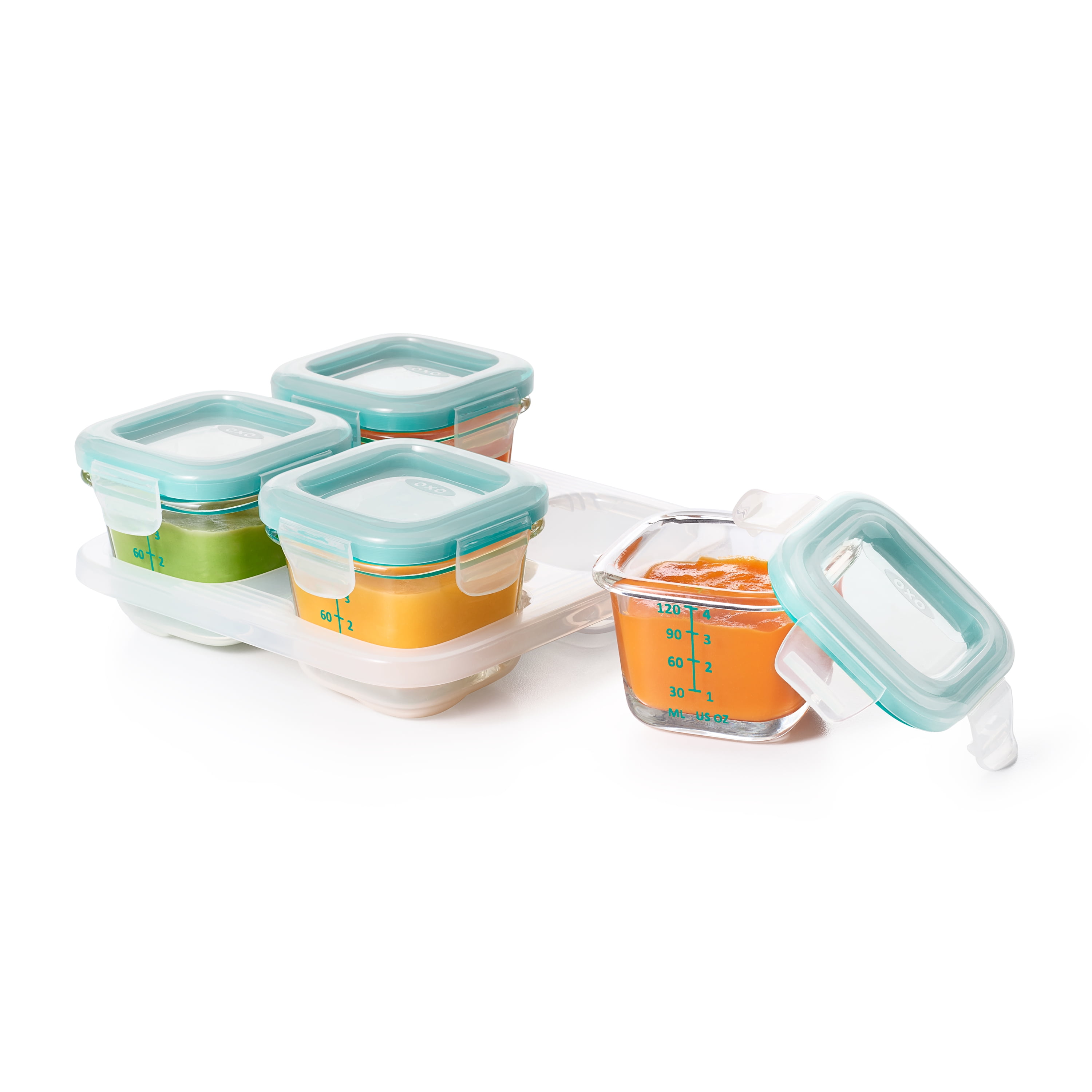 OXO Tot Glass Baby Blocks Food Storage Containers, 4oz, Teal, 4-Pack, For Infants Ages 0-12 Months