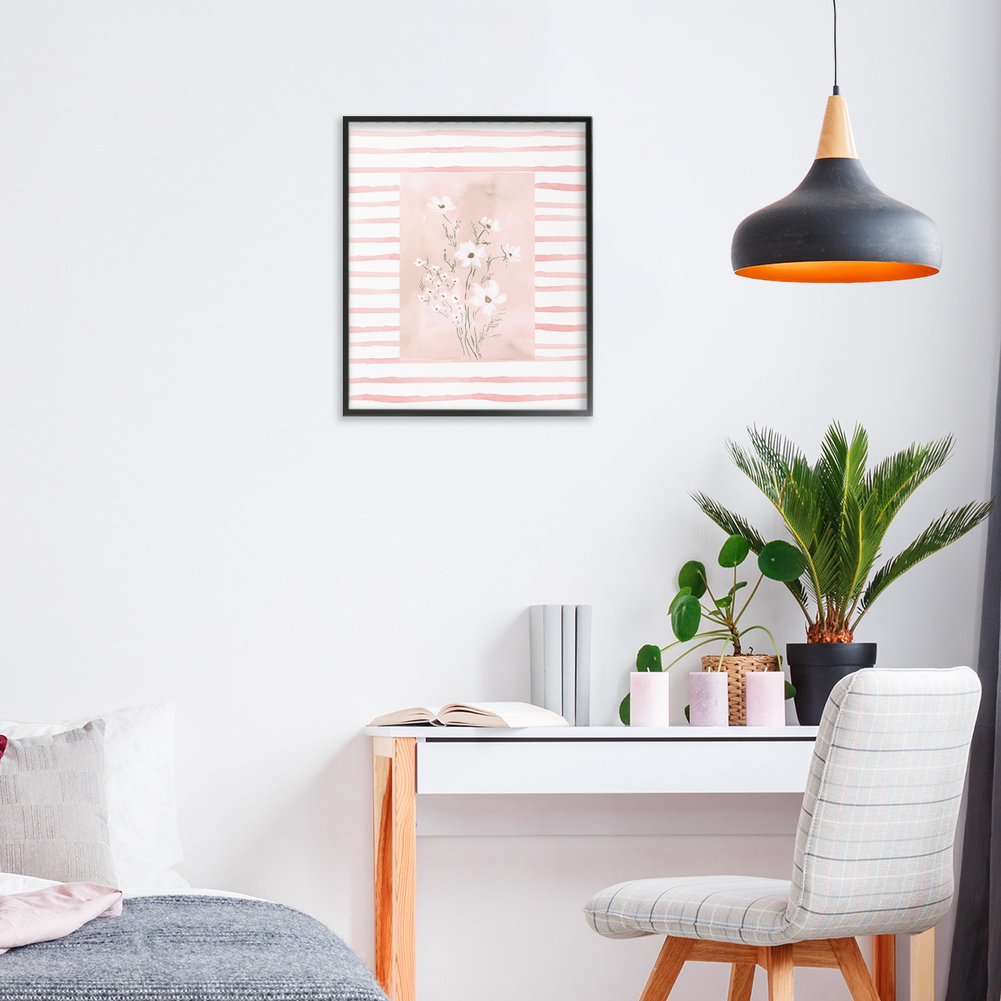 Stupell Industries White Cosmos on Pink Stripes Black Framed Giclee Art, design by Lucille Price