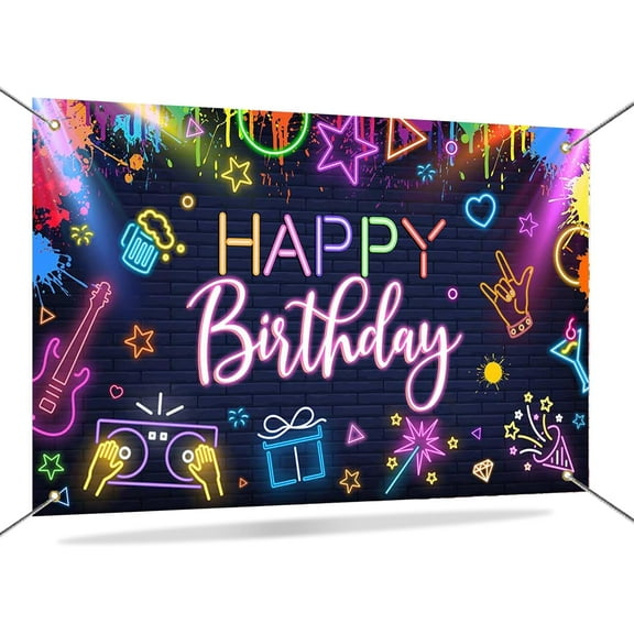 Neon Birthday Backdrop Banner Glow in The Dark Party Decorations Graffiti Splatter Let’s Glow Birthday Photography Background Photo Booth Props 70.8 x 43.3 Inch