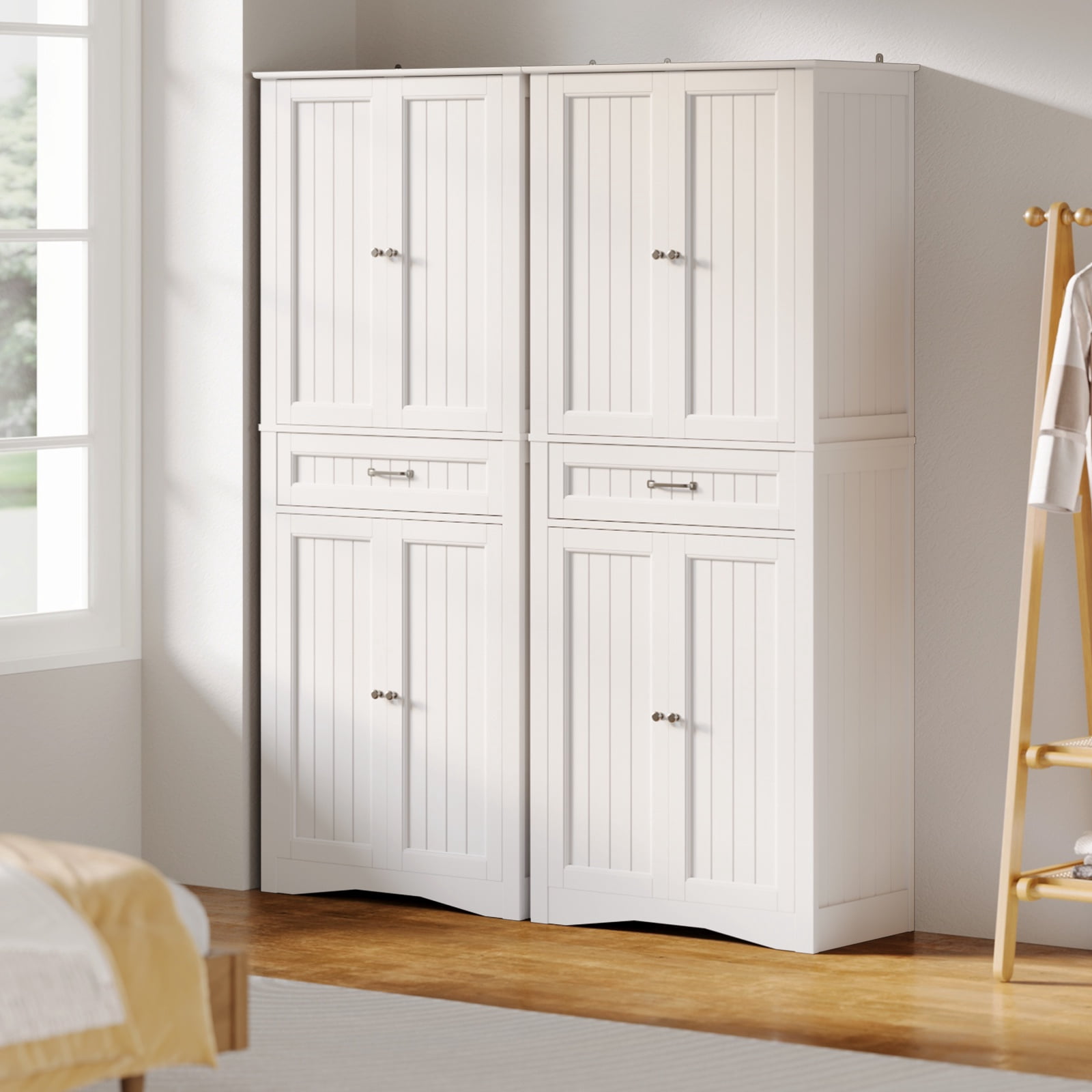 Asofer 71 Inch Tall Kitchen Pantry Cabinet with 4 Doors, Adjustable Shelves & 15" Deep Drawer, White