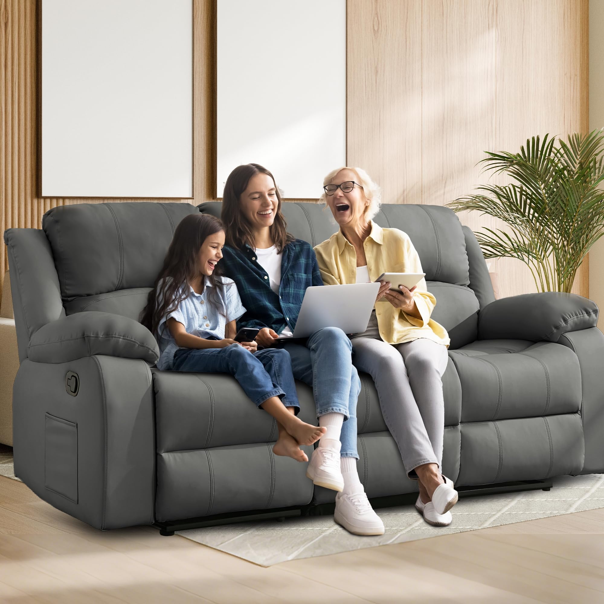 Comfortable Reclining Loveseat Sofa – Leather 3-Seater Recliner Couch for Living Room & Home Theater Seating (Grey)