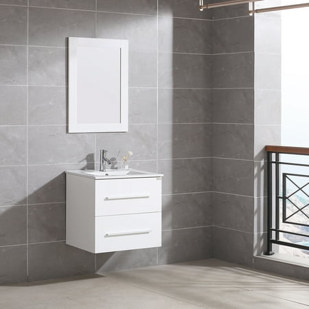 (incomplete sink top only) Walcut 24'' Wall-Mounted Ceramic Vessel Vanity Sink White Lacquered Cabinet With Two Drawer w/Mirror