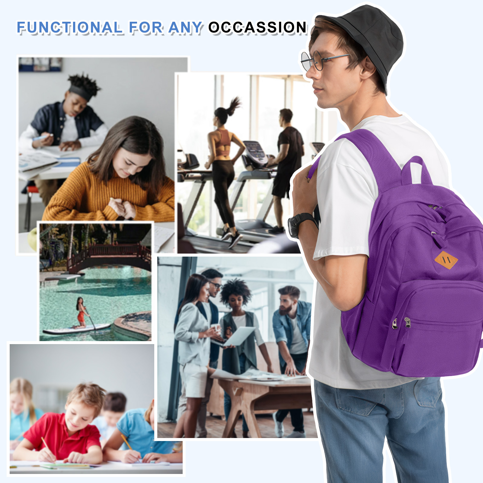Mochila escolar para universidad, preparatoria y secundaria, con compartimento para computadora, gran capacidad, anti rayas, para viajes y negocios, morada 2