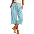 thumbnail image 2 of Bxsruta Women' s Active Drawstring Waist Knit Wide-Leg Capri Athleisure Workout Pants, 2 of 8