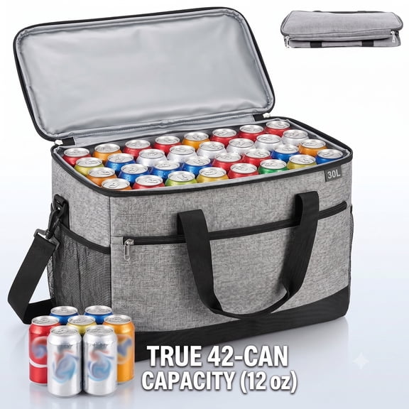 SROEDTY 30L Collapsible Soft Sided Cooler Bag, 42-Can Insulated Leakproof Ice Chest with Adjustable Shoulder Strap, Heavy Duty 600D Oxford Thermal Tote for Camping, Picnic, Beach,Gray