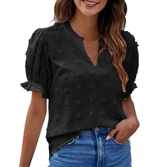 Summer Tops for Women, Women'S Tops, Women's Casual Elegant V Neck Pom Short Sleeve Blouses Jacquard Pullover Shirts Tops for Everyday Wear