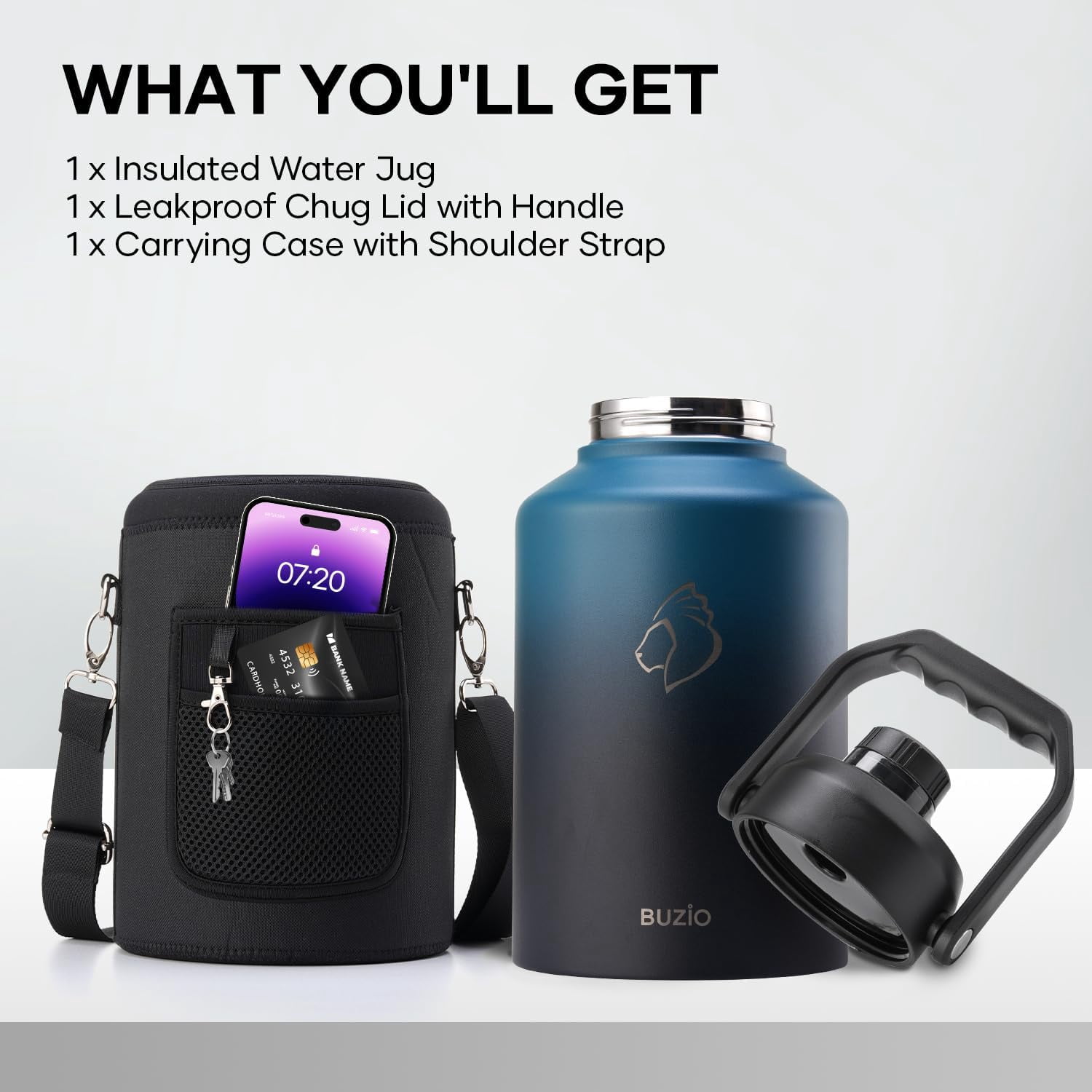 BUZIO 128oz One Gallon Insulated Large Stainless Steel Big Wide Mouth Water Jug Flask Water Bottle with Carrying Sleeve,Gradient Indigo Crush