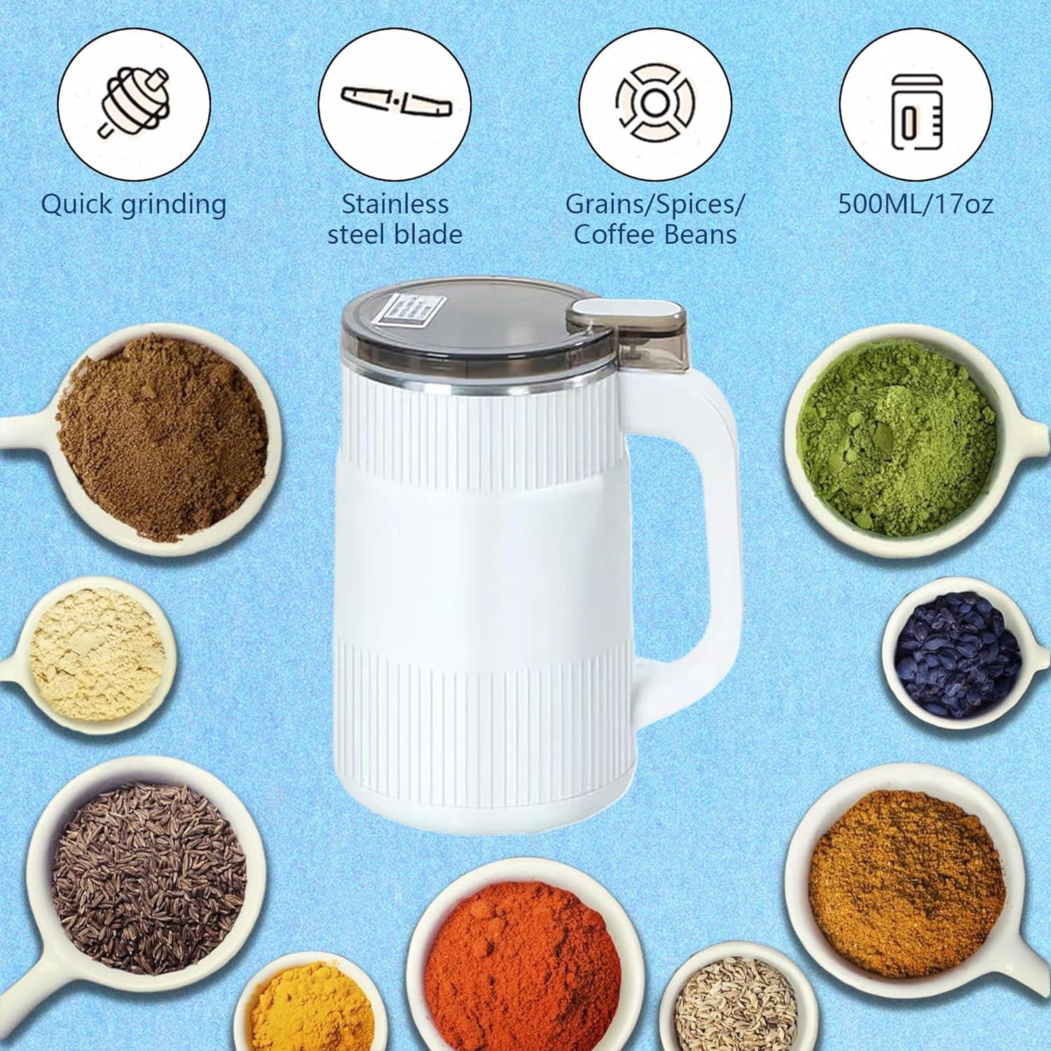 Coffee Grinder Electric for Home Use: Small Spice Grinder Electric Fine Powder,Multifunctional Coffee Bean Grinder Fine Grinding,Pet Food Grinder,110V,500ML/17oz (White)