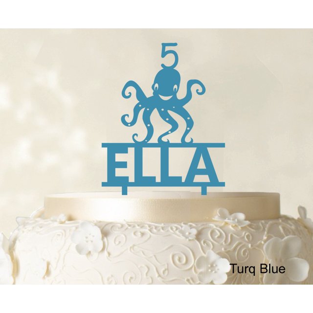Birthday Custom Name Cake Topper With Octopus Figure Turq. Blue Cake Topper Cake Decorations Color Option Available 6-7 Inches Wide