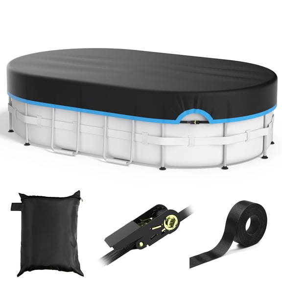 COSYUMI Oval Pool Cover,12x18FT 420D Oxford Solar Pool Covers for Above Ground Pool with Winch & Cable, All Season Inflatable Pool Cover for UV Resistant,Waterproof, Snowproof Windproof,Black Blue