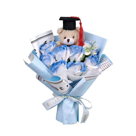 Graduation Flowers - Preserved Flower Bouquet with Graduation Bear Stuffed Animals for Graduation Anniversary, Graduation Gift for Her Him - Blue