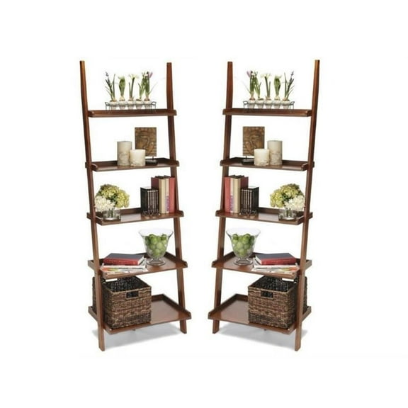 Home Square 2 Piece Ladder Country Wood Bookshelf Set in Cherry