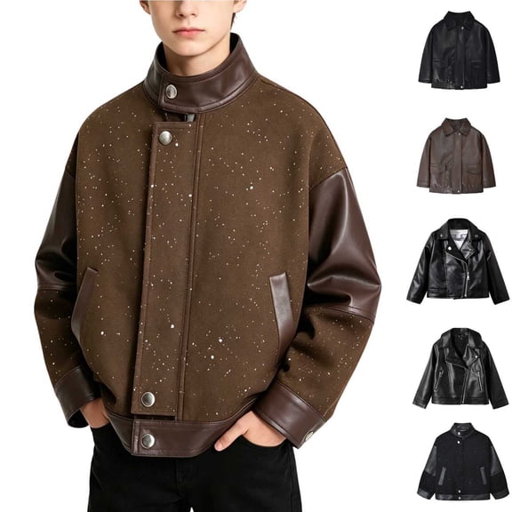 Faux Leather Jackets For Boys Front Zip Long Sleeve Motorcycle Outwear Fall Winter Trendy Casual Coat With Pockets (1-2Years, Coffee)