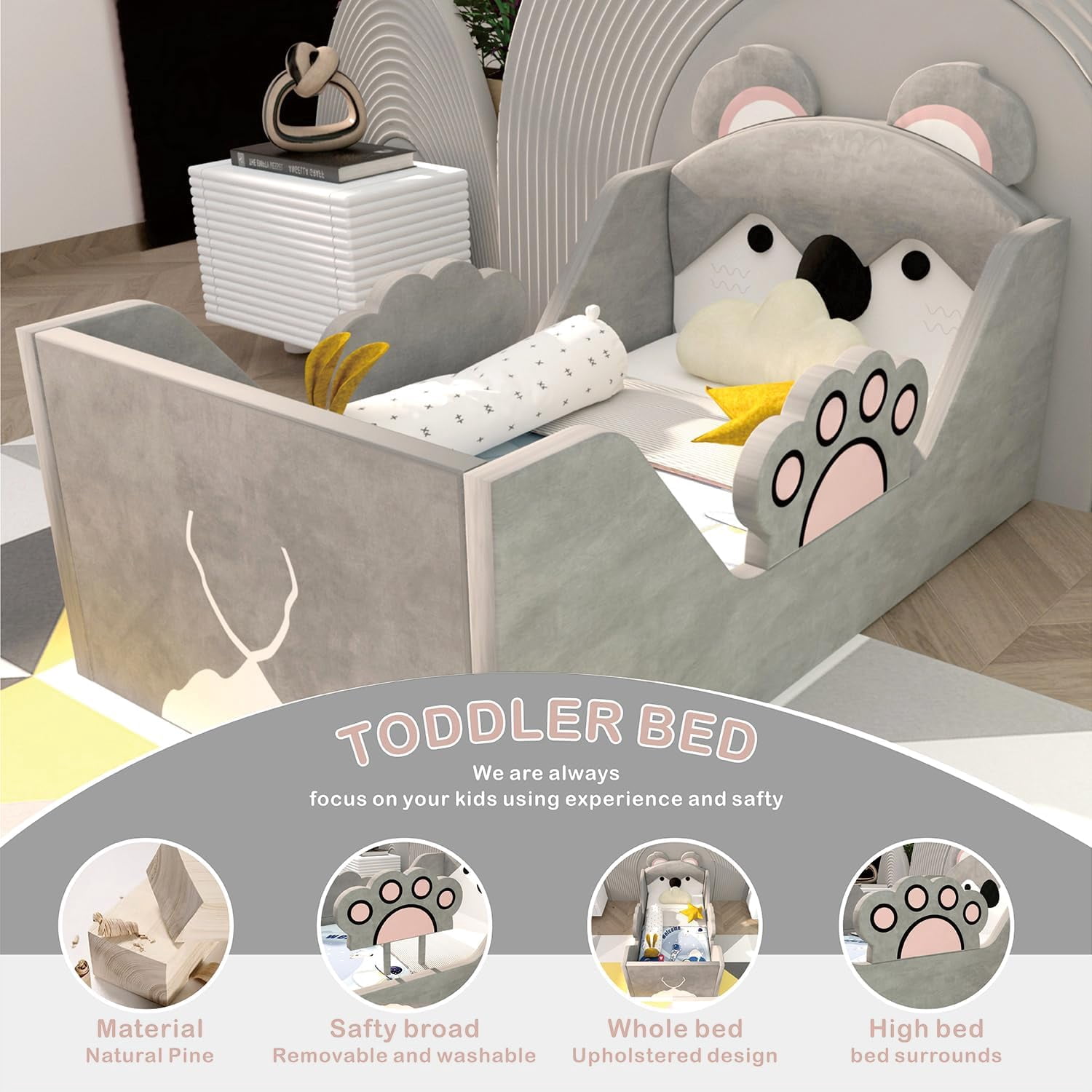 Toddler Beds, Child Bed for Kids with Extra Safty Broad, Standard Crib Size Animal Toddler Bed, Certified Fabric Toddler Beds,Toddler Floor Beds