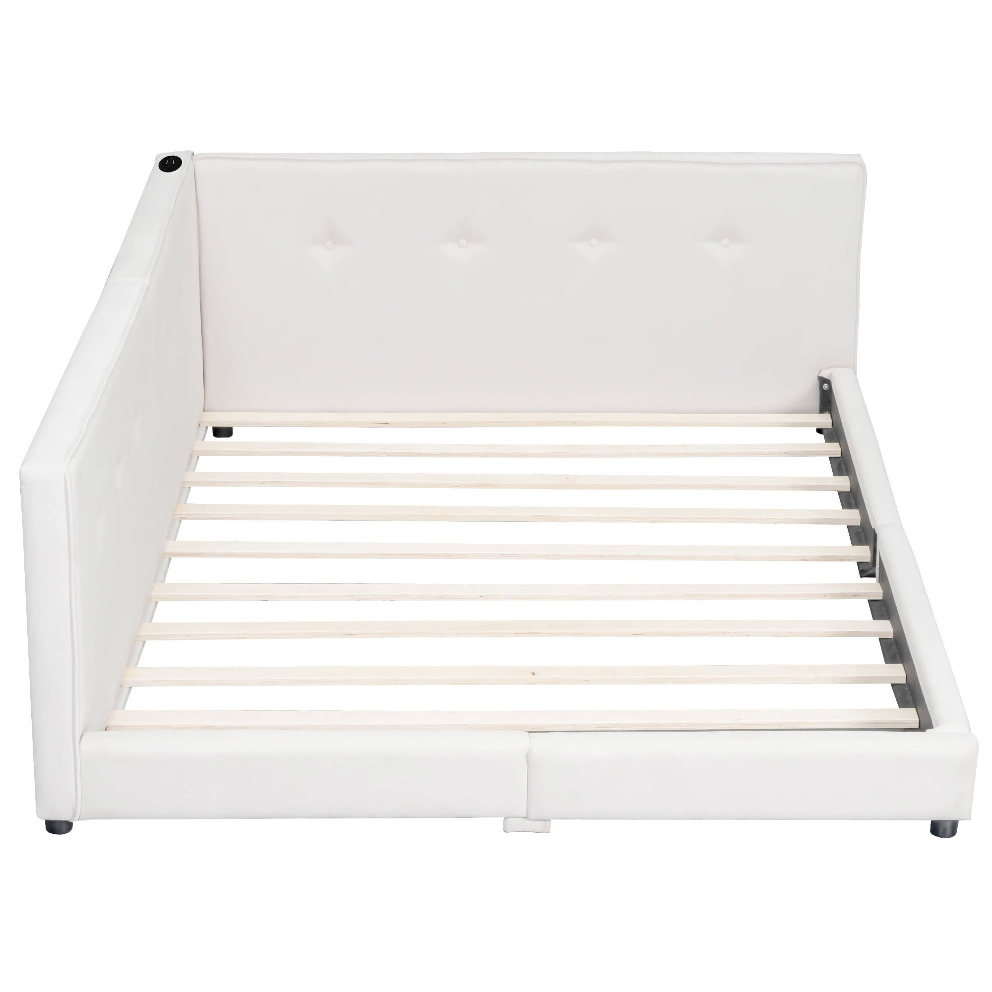 Euroco Upholstered Queen Size Platform Bed with USB Charging Station, Beige