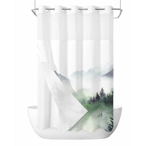 No Hook Cloth Fabric Shower Curtain with Snap in Liner, Foggy Forest Waterproof Shower Curtains Set with See Through Top Window, Mountains Landscape Nature Aesthetic Bath Curtains Shower 36"x78"